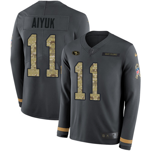 Nike 49ers #11 Brandon Aiyuk Anthracite Salute to Service Youth Stitched NFL Limited Therma Long Sleeve Jersey